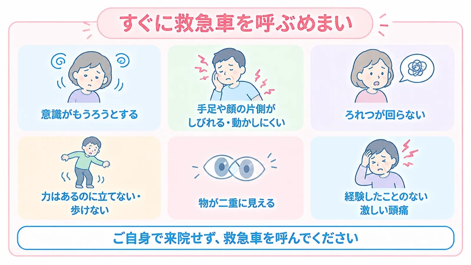 すぐに救急車を呼ぶめまいの6つのサイン。意識がもうろうとする、手足や顔の片側がしびれる・動かしにくい、ろれつが回らない、力はあるのに立てない・歩けない、物が二重に見える、経験したことのない激しい頭痛
